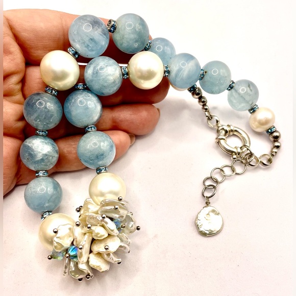 Gorgeous Aquamarine Beaded Necklace Fresh Water Pearls Crystal Spacers 925 - Picture 10 of 11